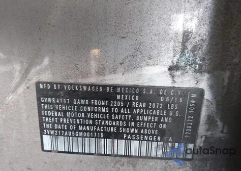 2016 Volkswagen Golf Tsi Sel 4-Door z USA, uszkodzony, nr VIN 3VW217AU5GM001715